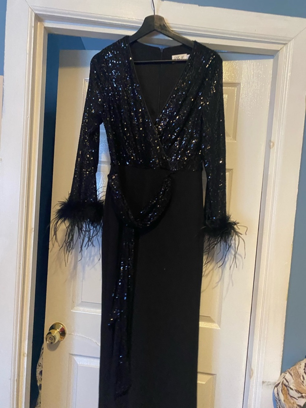 Eliza J Black Sequin Wrap Gown with Feather Cuffs